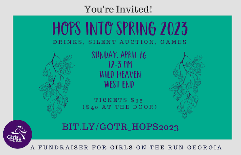 Graphic with the text "You're Invited! Hops Into Spring 2023. Drinks, Silent Auction,  Games. Sunday, April 16, 12-3 pm, Wild Heaven West End"
